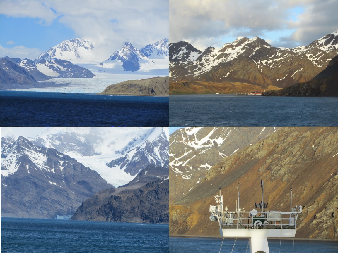 The snow-capped mountains, fjords and bays of South Georgia. Top right – Red roofs of the British Antarctic Survey base, nestled in the bay. Bottom right – RRS Discovery met platform and AMT4SentinelFRM sensors measuring off South Georgia (Photographs taken by Dr. Gavin Tilstone).