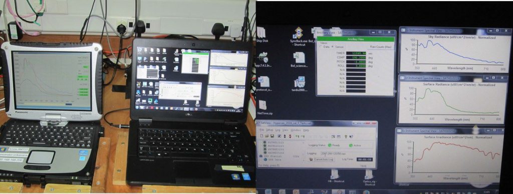 Data from the optical sensors are transferred through a mini deck unit to laptops in the met laboratory. (PML) Data from the optical sensors are transferred through a mini deck unit to laptops in the met laboratory. (PML)