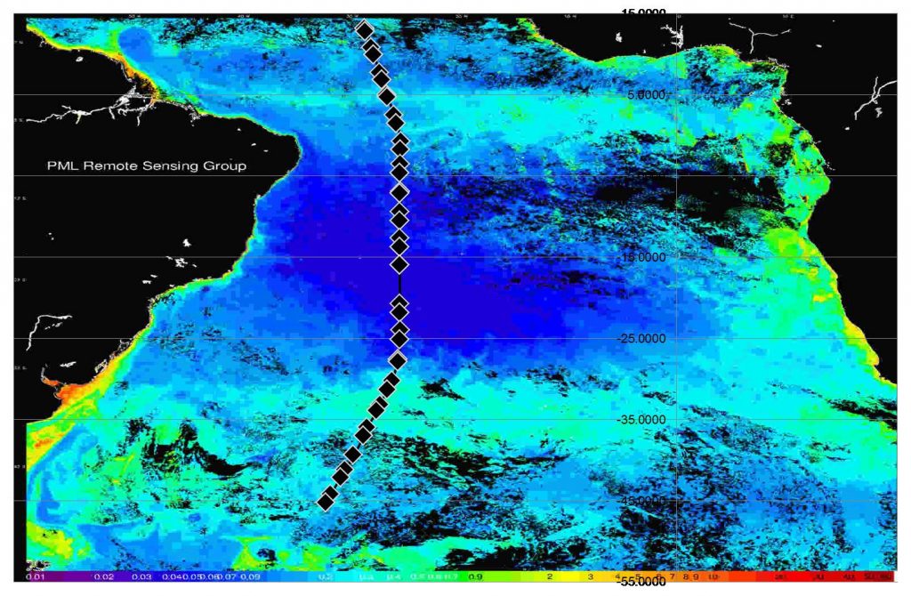 VIIRS chlorophyll-a median composite 18–24 October 2017, with the ship’s track and sampling stations overlaid as a black line with diamonds. The large dark-blue area shows the Southern Ocean Gyre. chlorophyll-a scale bar is at the bottom of the image. (Satellite imagery provided by Silvia Pardo from the National Earth Observation Data Archive and Analysis Service)