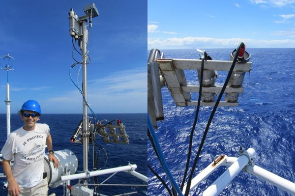 Left: a purpose-built stainless steel frame used to position all the optical sensors at the same viewing geometry. Right: the sensors have an unimpeded view of the surface of the ocean and look at the same patch of water. (PML)